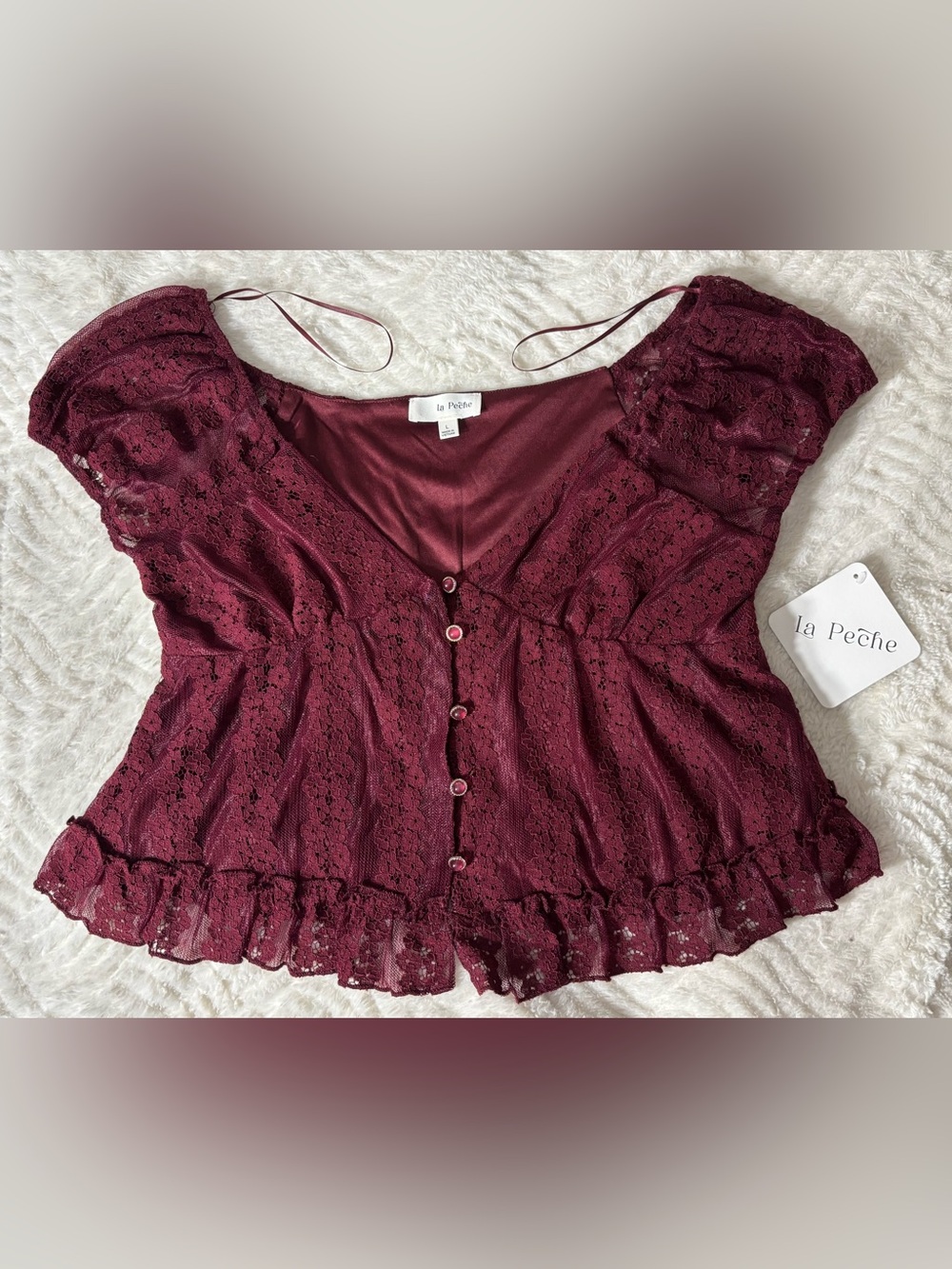 Maroon Lacy Button Up Crop Top
